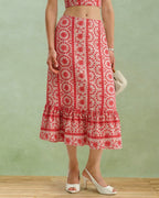 Crimson Floral Gathered Midi Skirt