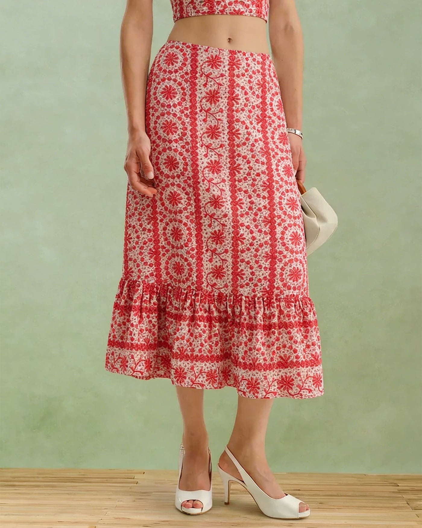 Crimson Floral Gathered Midi Skirt