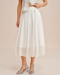 White Lace-Trimmed Elastic Waist Midi Skirt