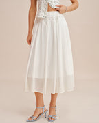 White Lace-Trimmed Elastic Waist Midi Skirt