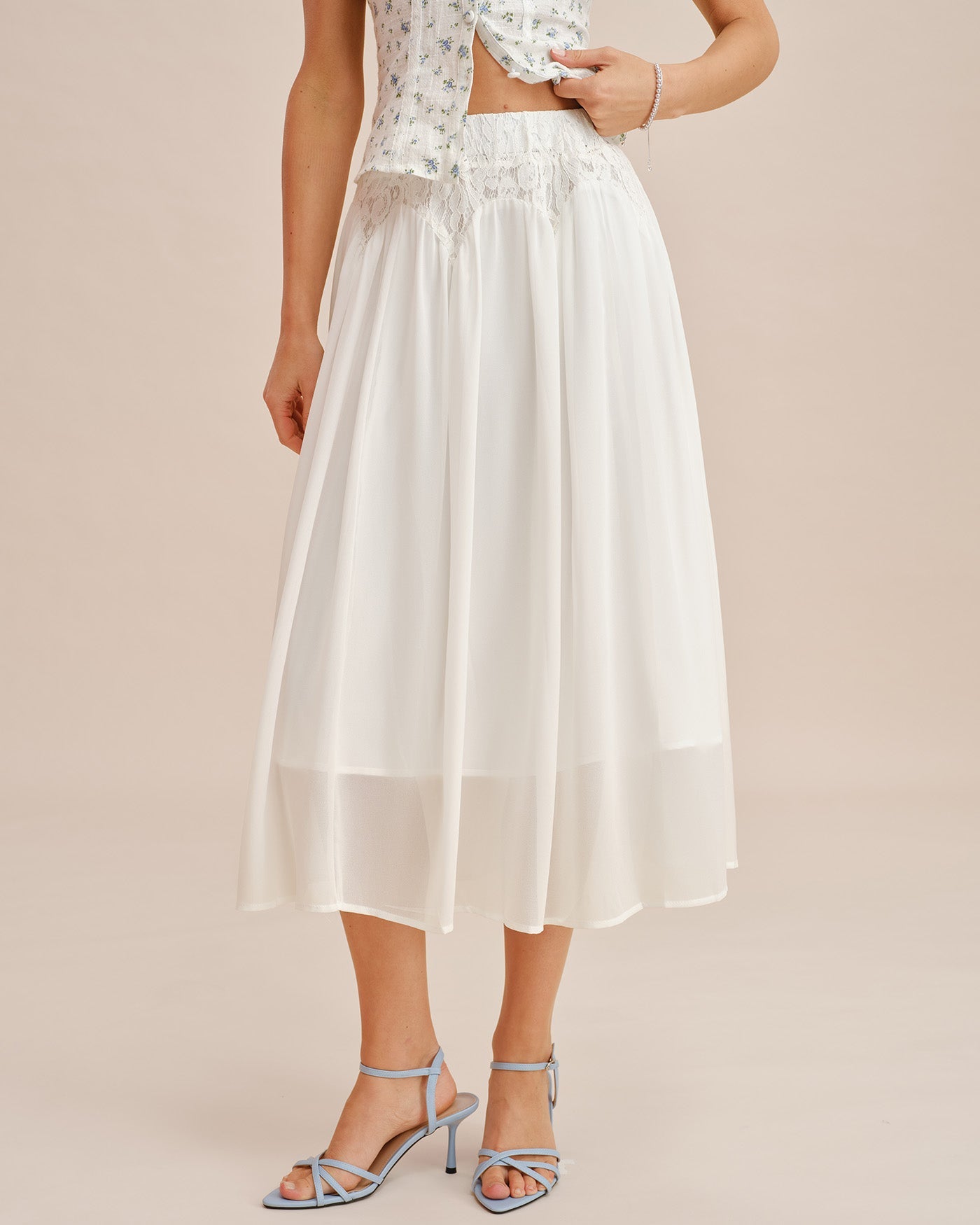 White Lace-Trimmed Elastic Waist Midi Skirt