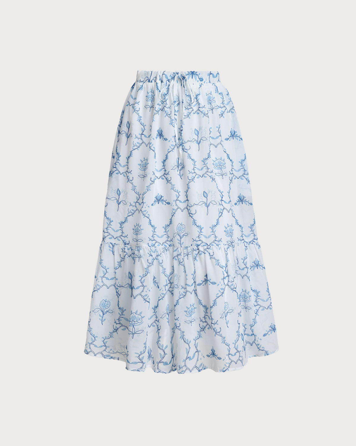 Floral Print White Tiered Midi Skirt