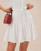White Ruched Mini Skirt with Button Detail