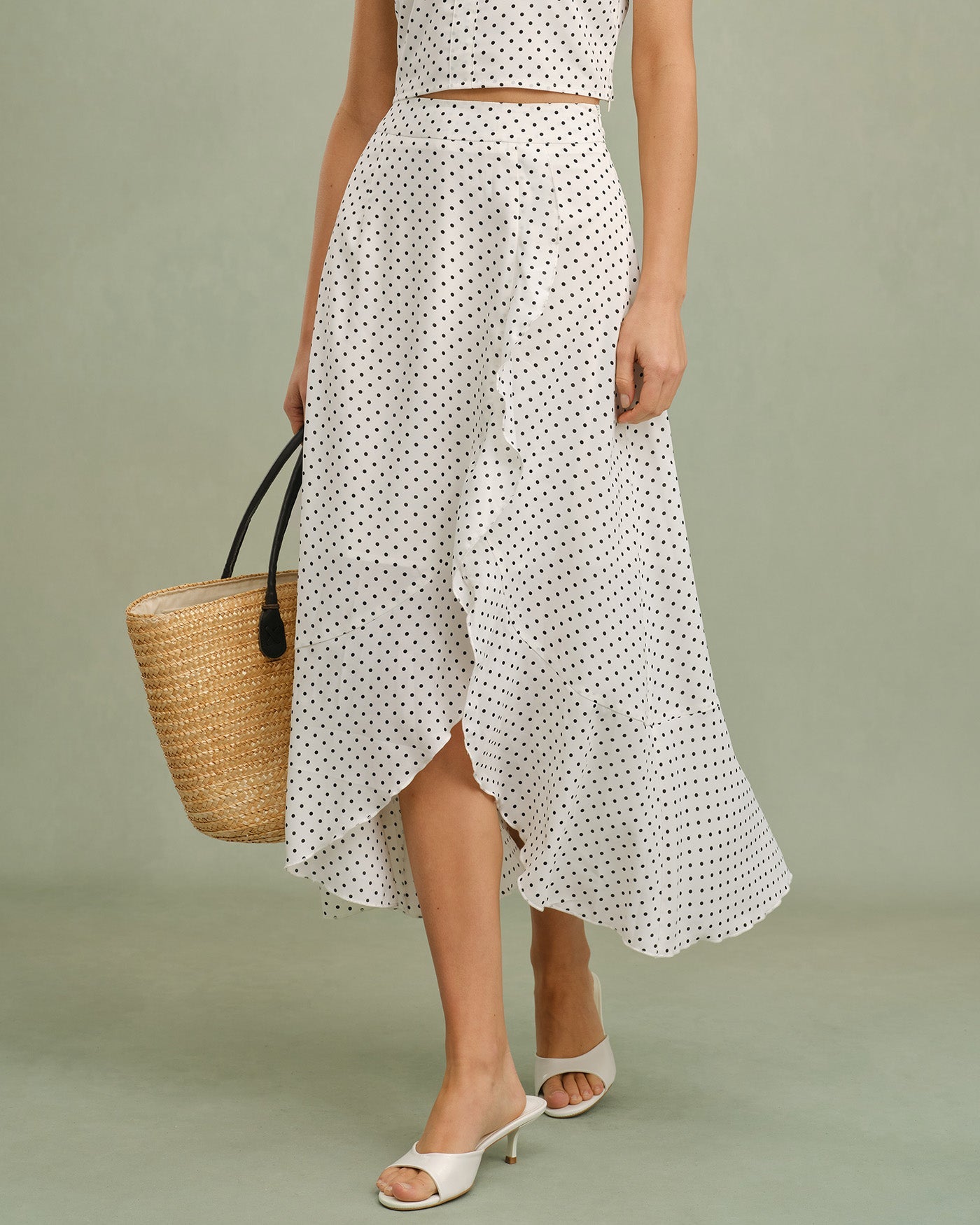 Polka Dot Midi Skirt with White Ruffles
