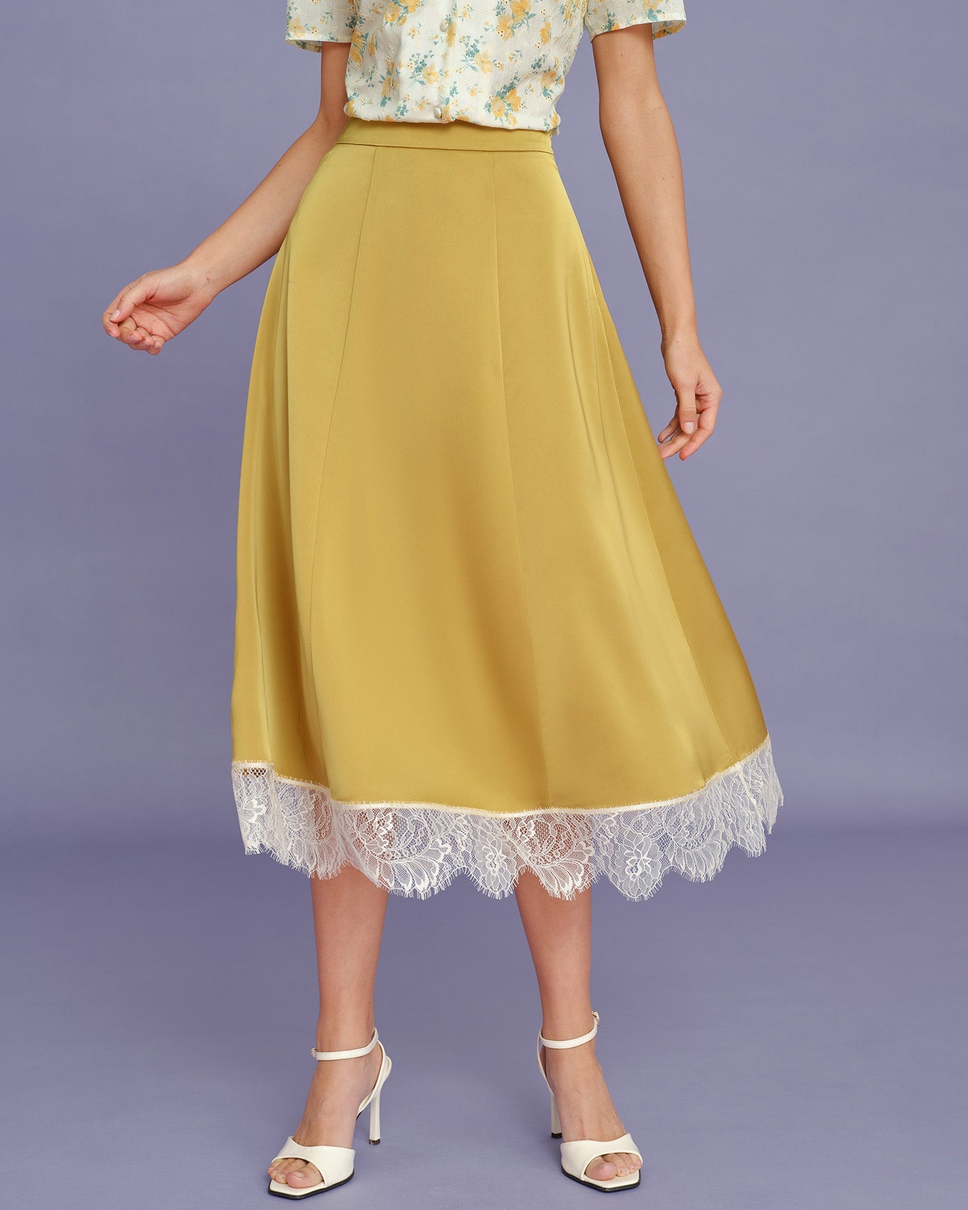 Yellow Satin Midi Skirt with Lace Detail