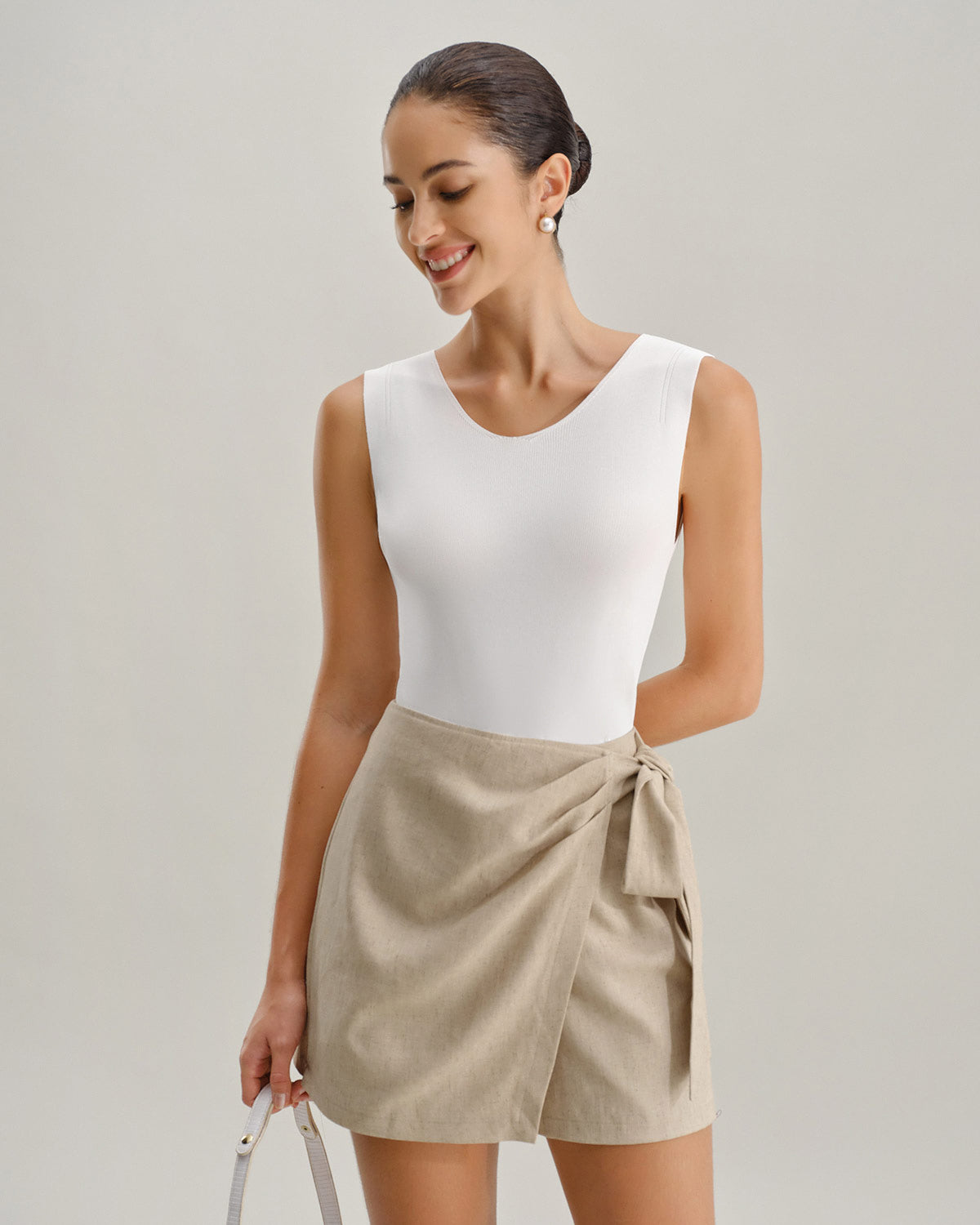 Khaki A-Line Skort with Ruched Detail