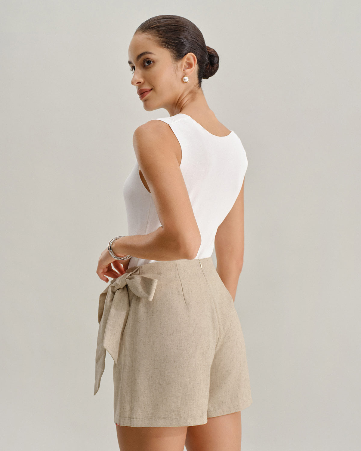 Khaki A-Line Skort with Ruched Detail