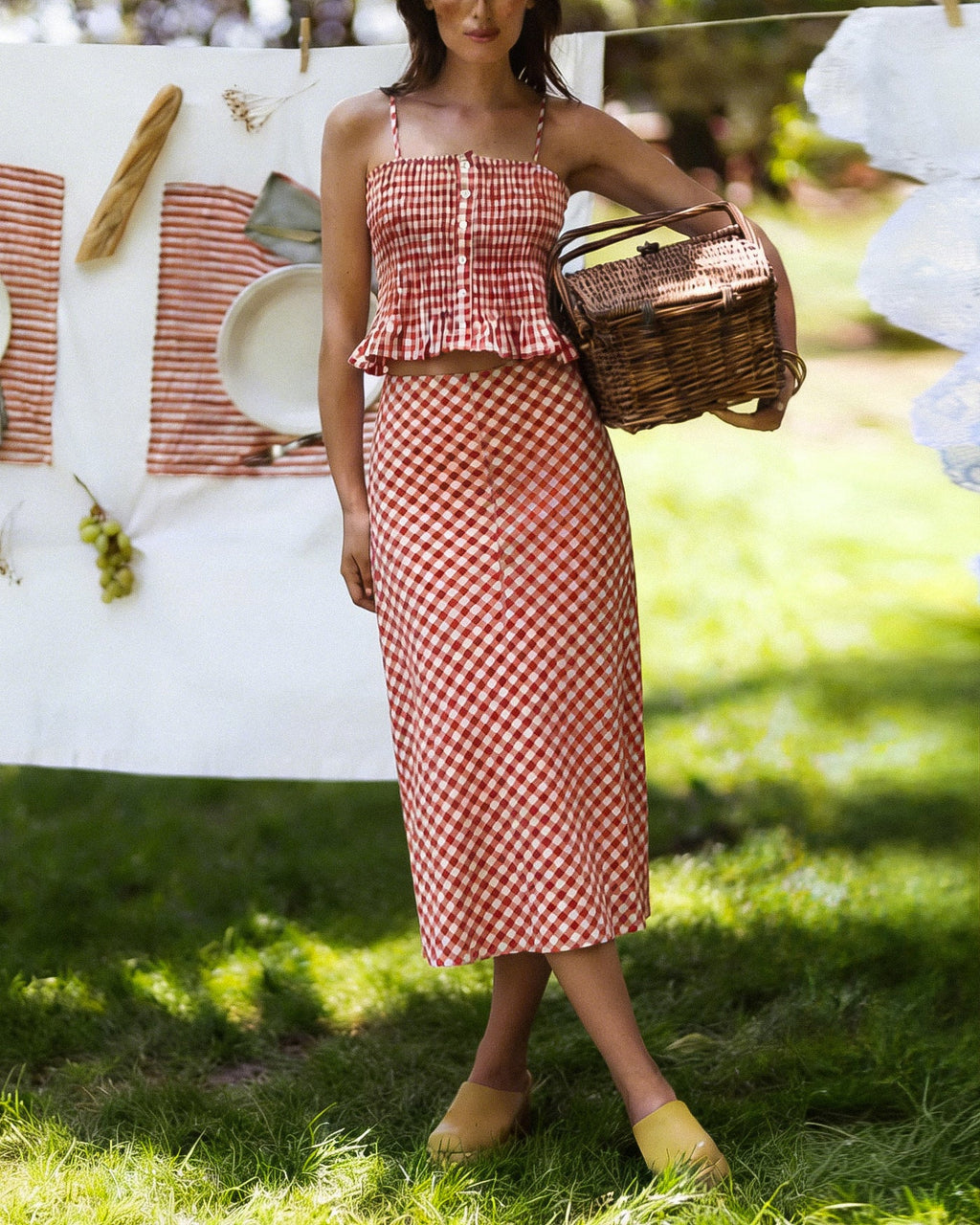 Shirred Tank Top in Pink Plaid