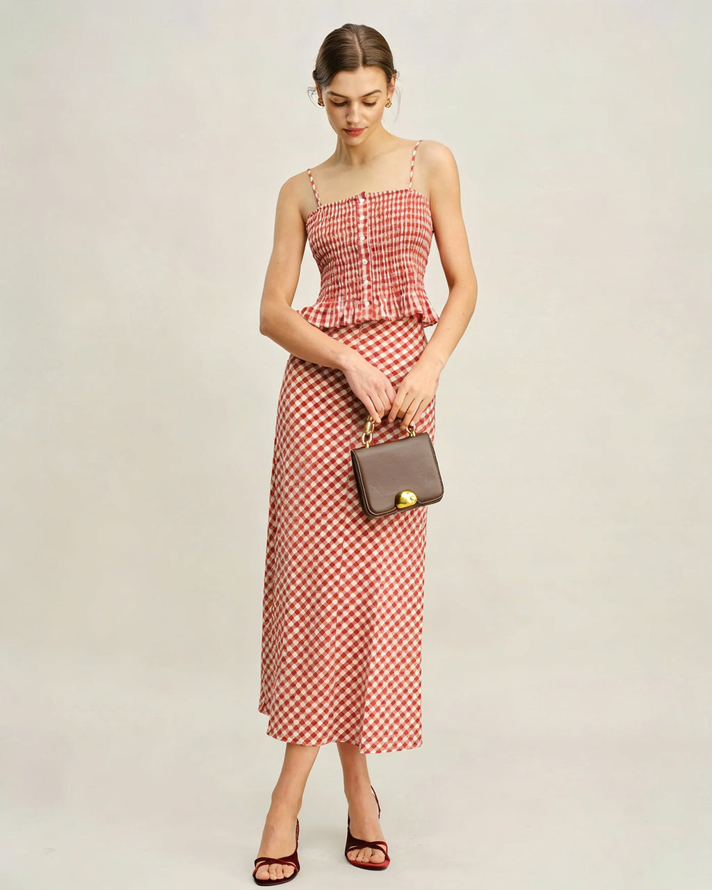 Shirred Tank Top in Pink Plaid