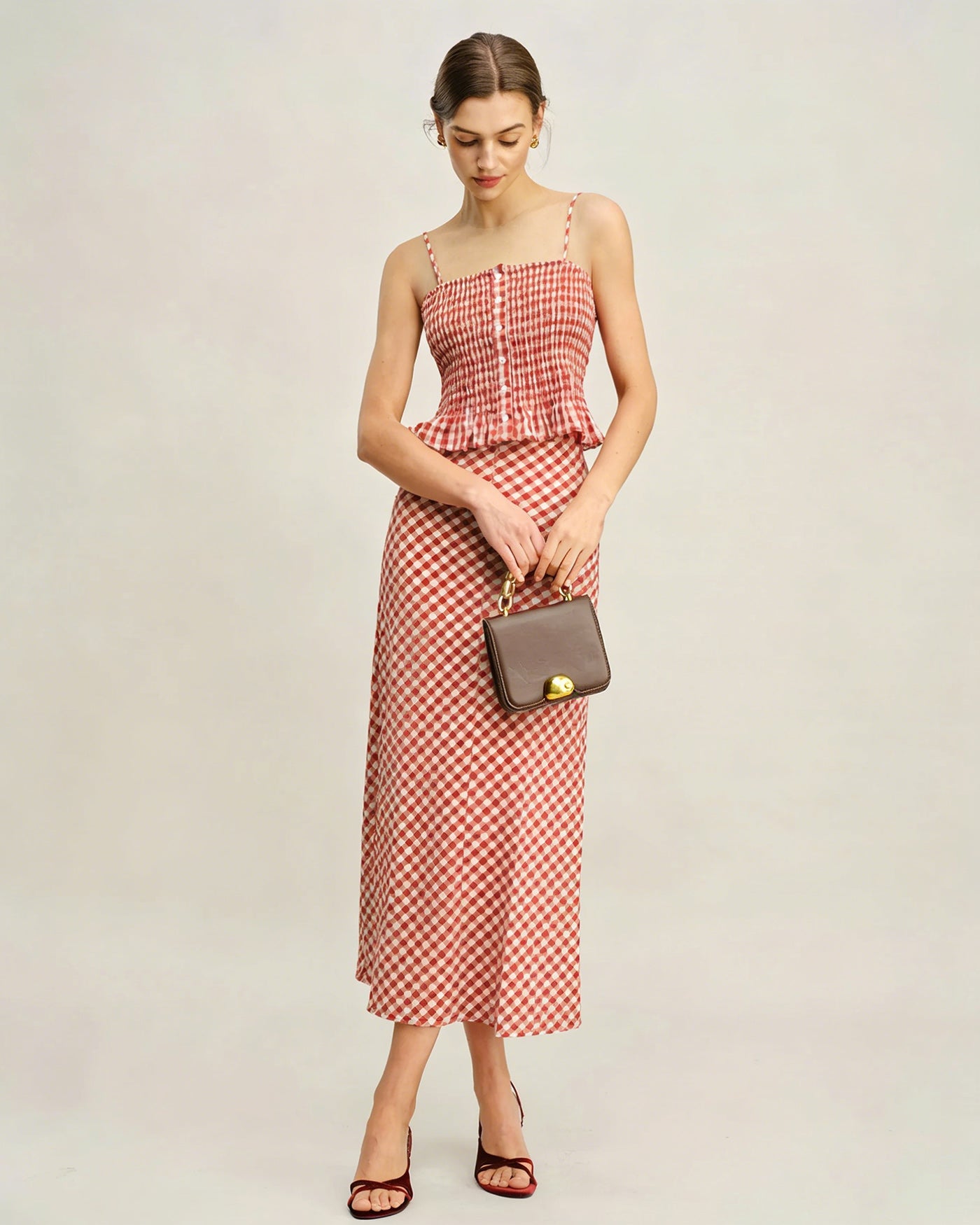 Shirred Tank Top in Pink Plaid