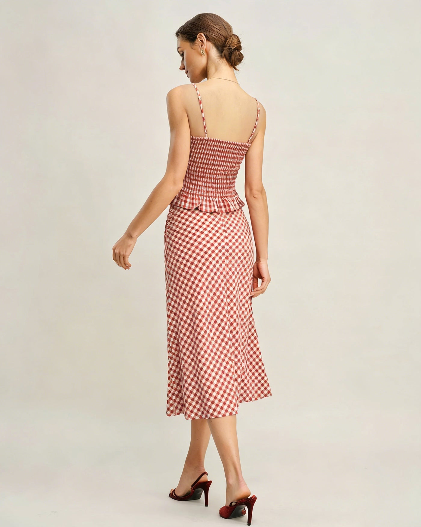 Shirred Tank Top in Pink Plaid