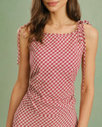 Plaid Tank Top with Red Boat Neck