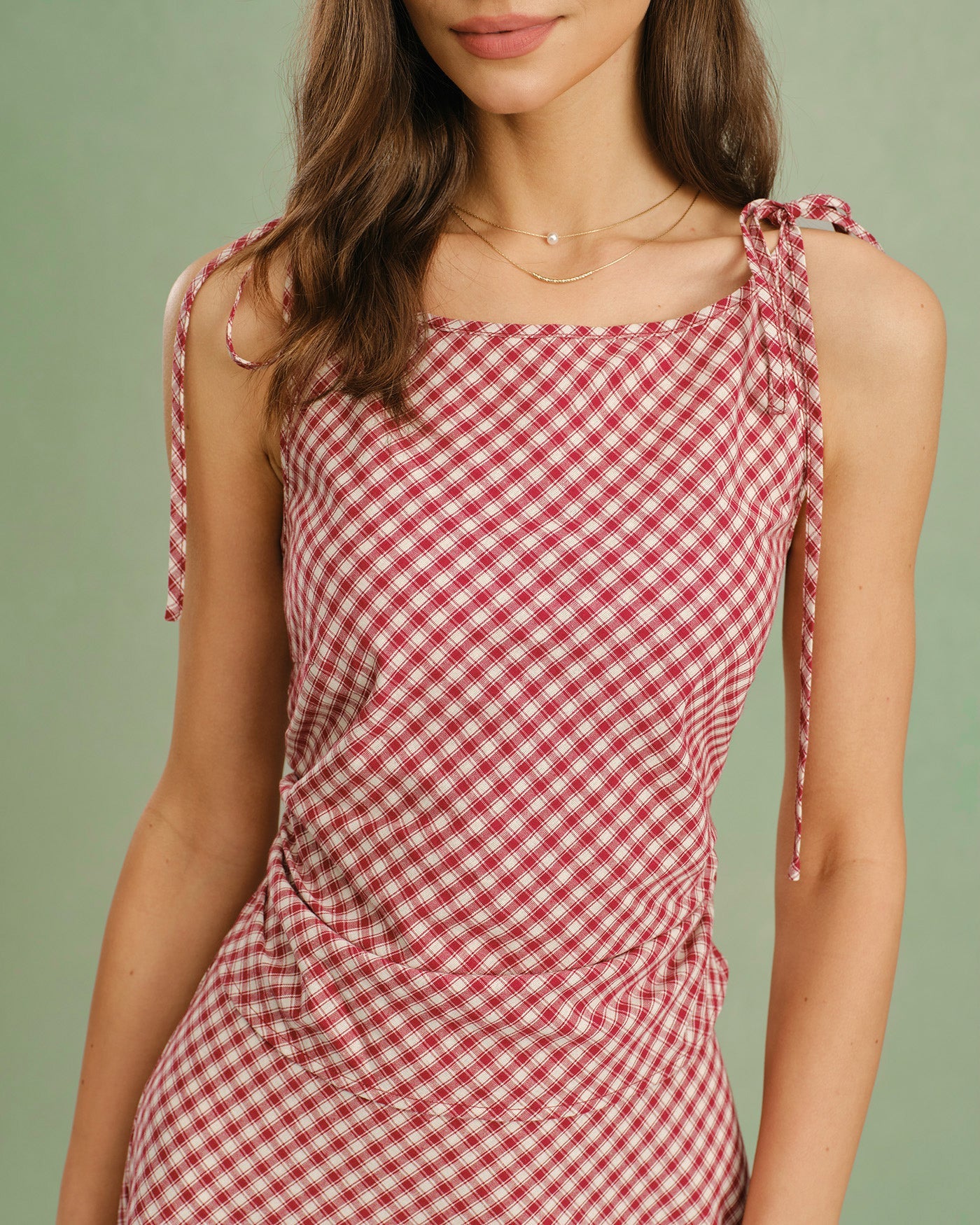 Plaid Tank Top with Red Boat Neck