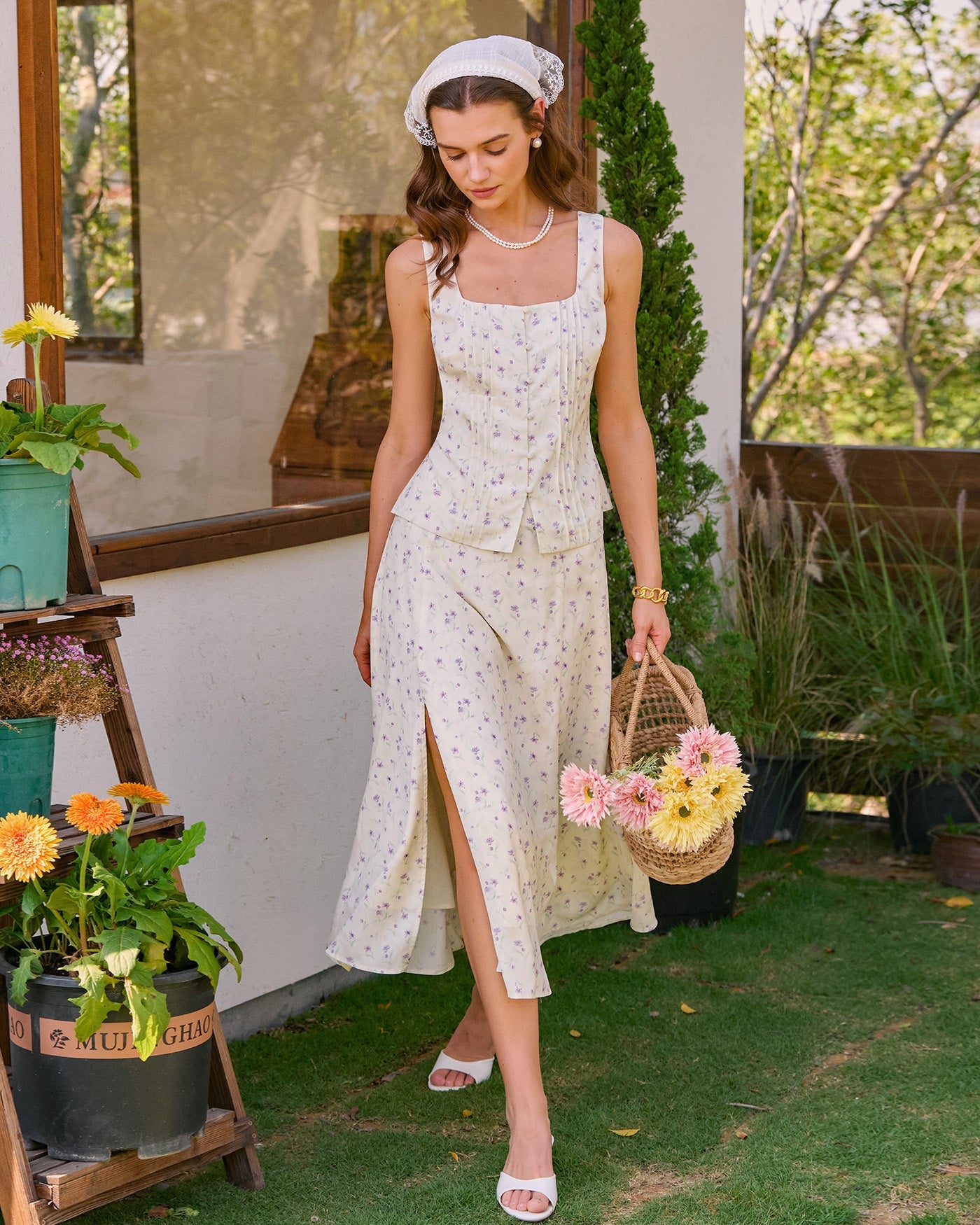 Floral Print Square Neck Beige Tank Top