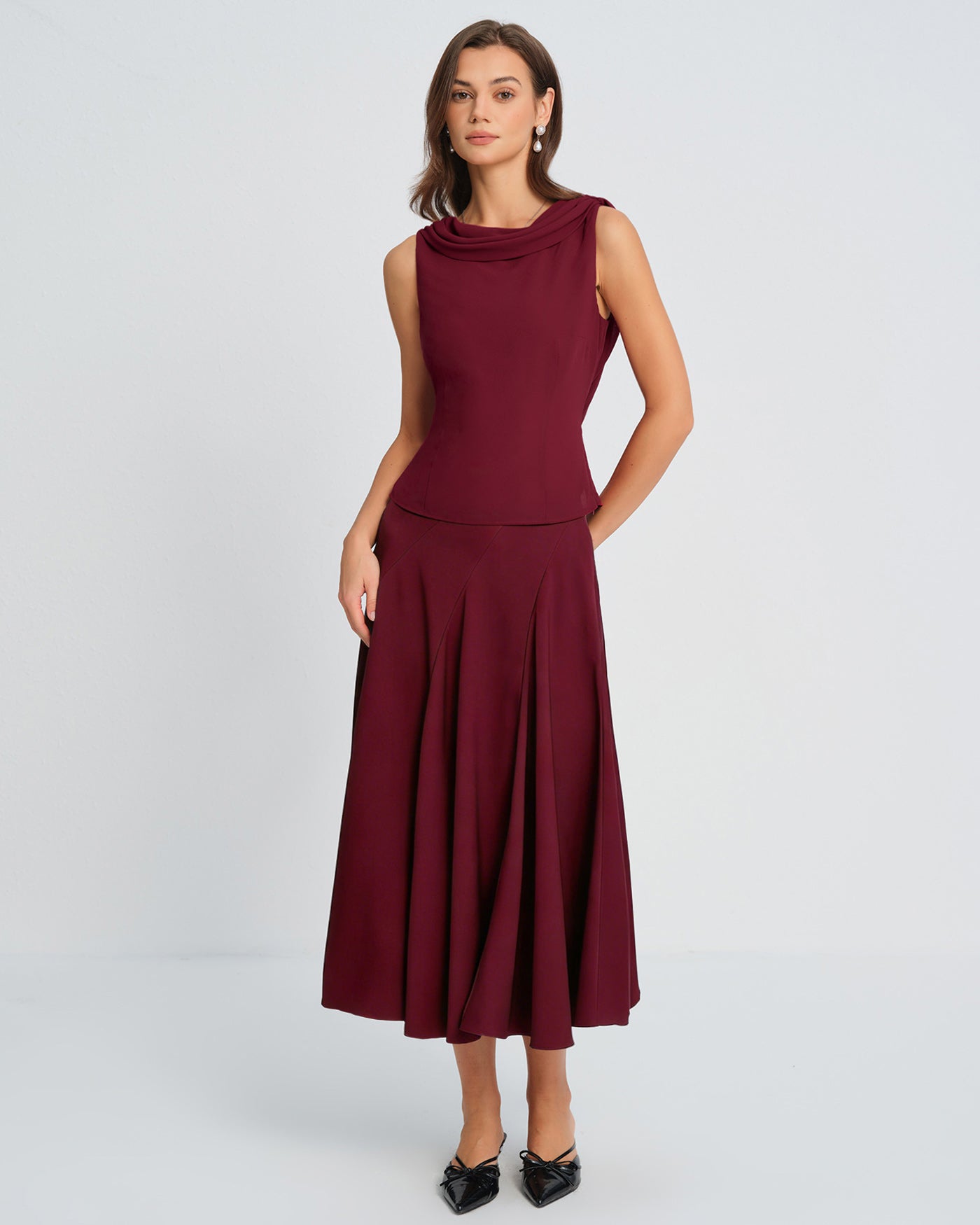 Wine Red Boat Neck Sleeveless Top