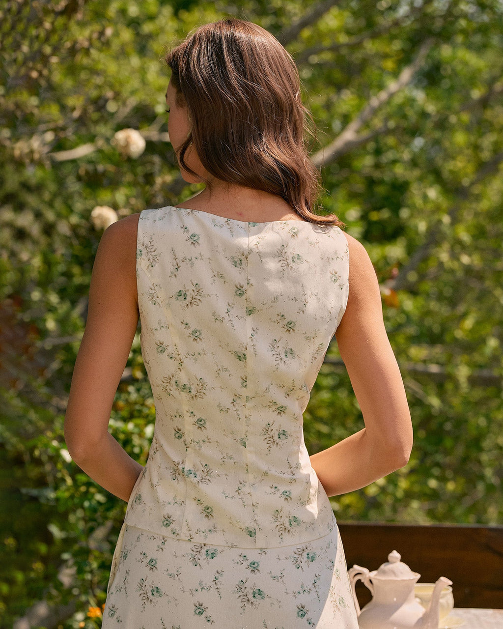 Floral Print Green Square Neck Tank Top