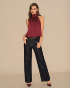 Wine Red Satin Tank Top with Turtle Bowknot