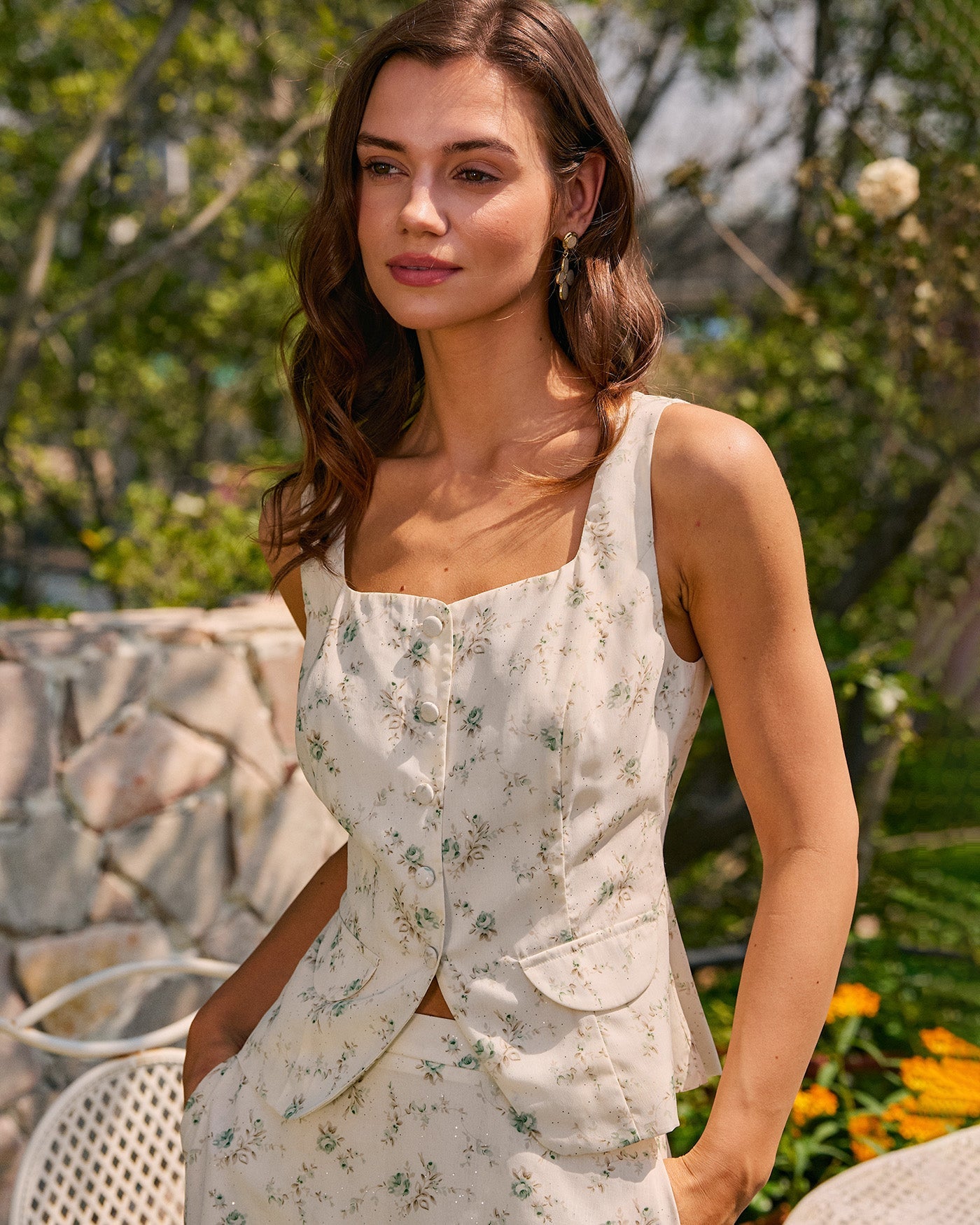 Floral Print Green Square Neck Tank Top