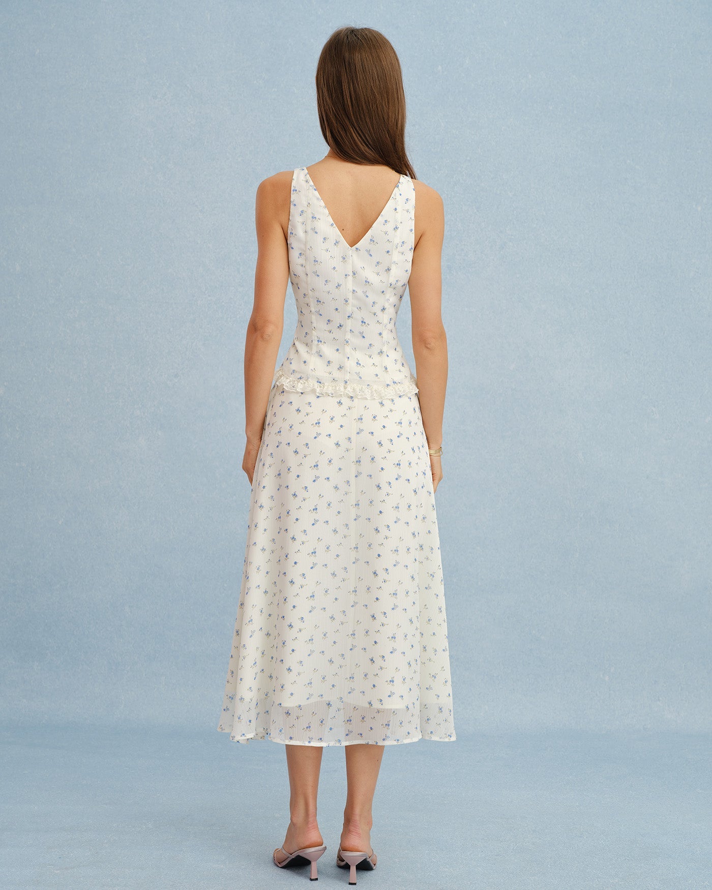 Floral Chiffon Tank Top in Beige with V-Neck Design