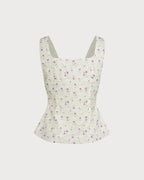 Floral Print Square Neck Beige Tank Top