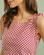 Plaid Tank Top with Red Boat Neck