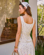Floral Print Square Neck Beige Tank Top