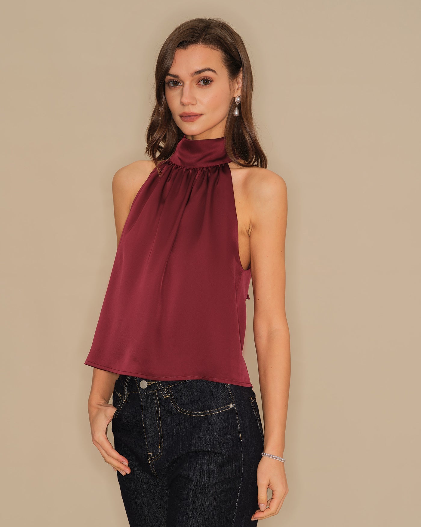 Wine Red Satin Tank Top with Turtle Bowknot