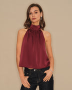Wine Red Satin Tank Top with Turtle Bowknot