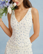 Floral Chiffon Tank Top in Beige with V-Neck Design