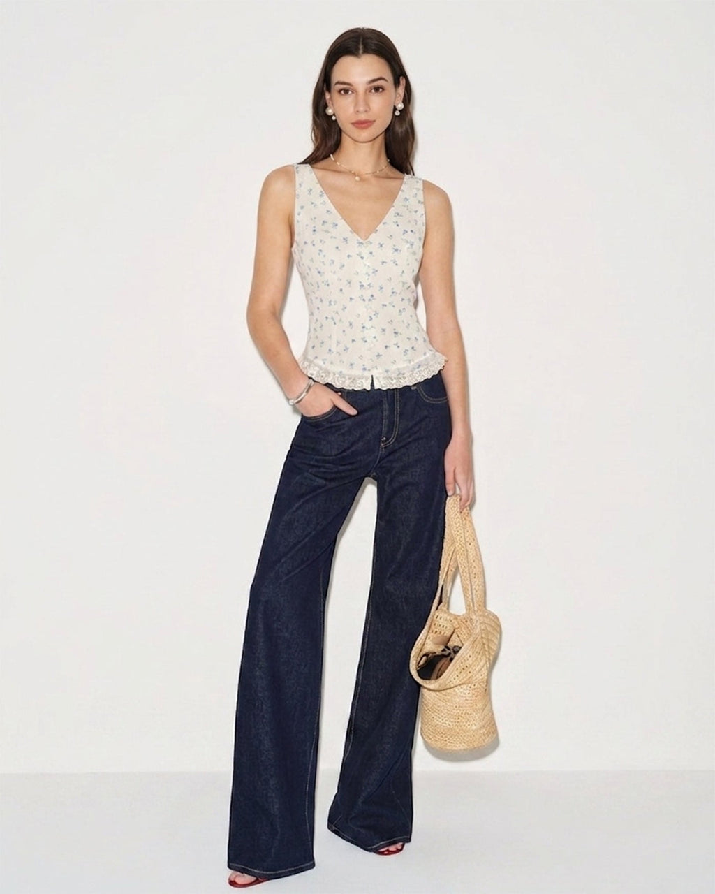 Floral Chiffon Tank Top in Beige with V-Neck Design