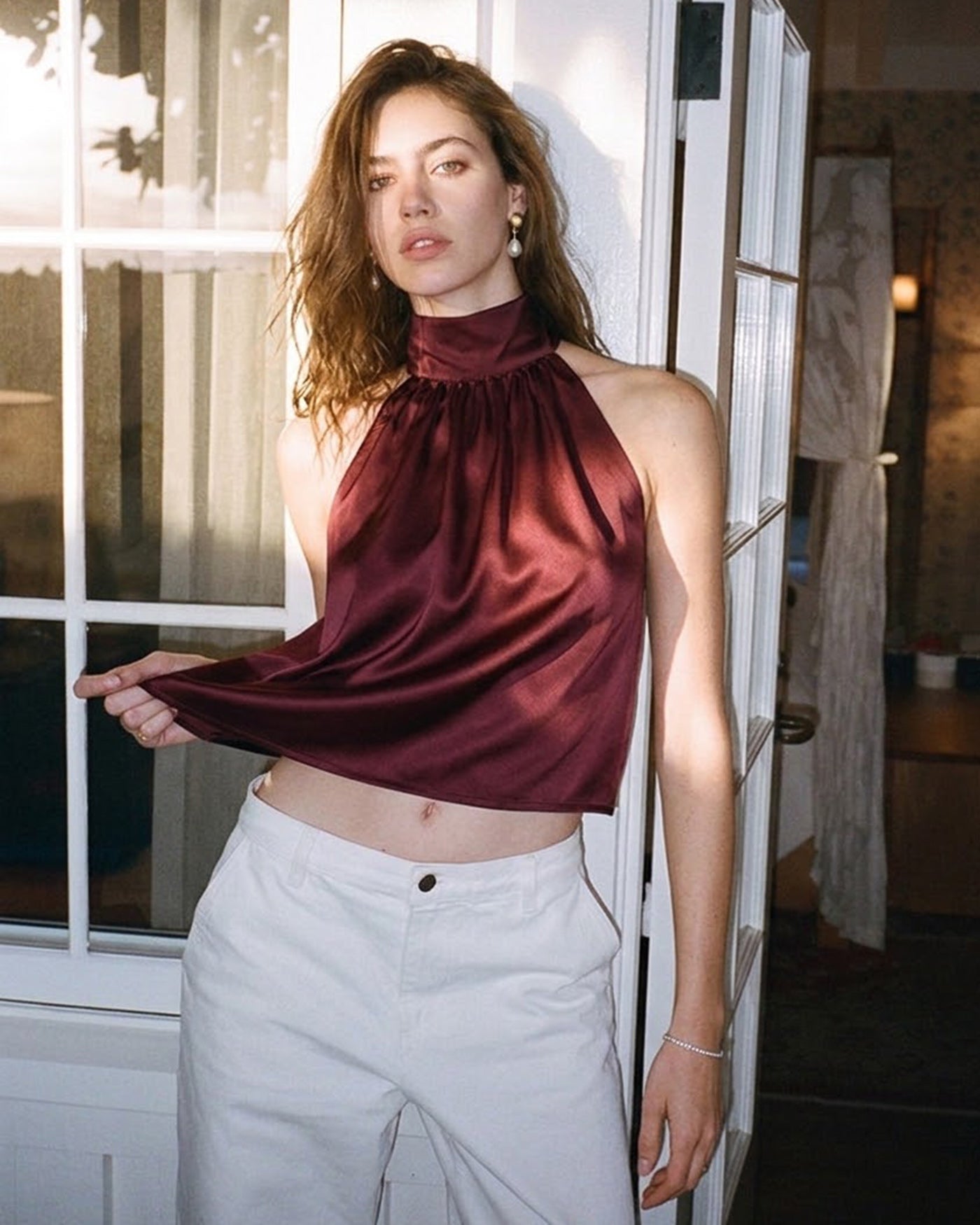 Wine Red Satin Tank Top with Turtle Bowknot