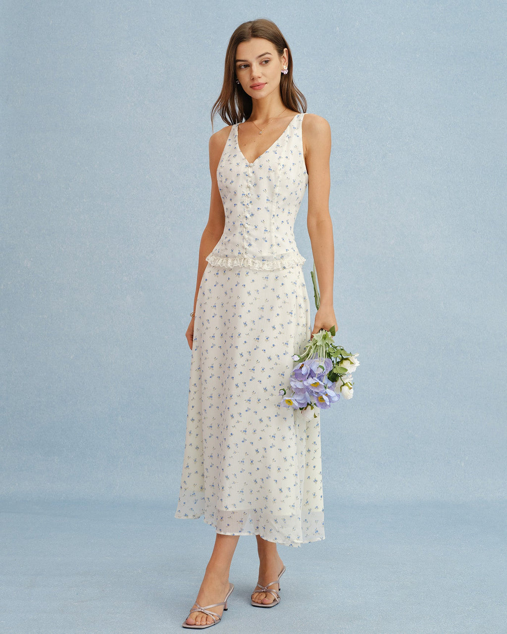 Floral Chiffon Tank Top in Beige with V-Neck Design