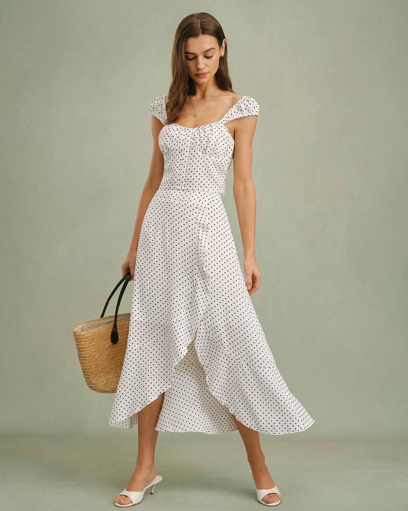 Polka Dot Tank Top with Sweetheart Neckline in White