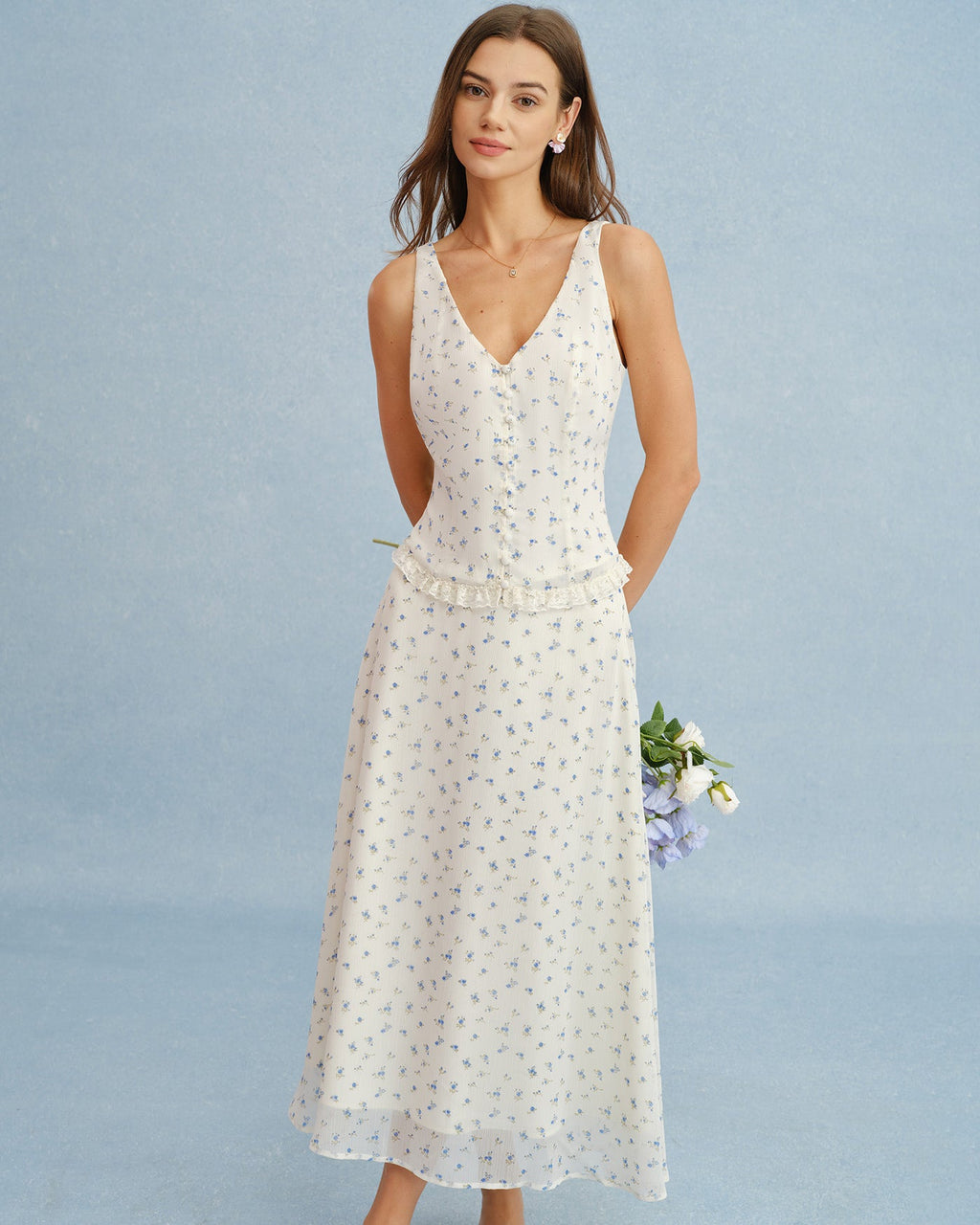 Floral Chiffon Tank Top in Beige with V-Neck Design