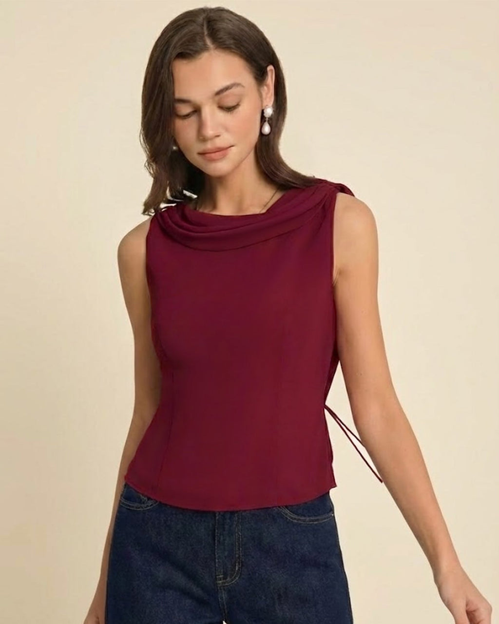 Wine Red Boat Neck Sleeveless Top