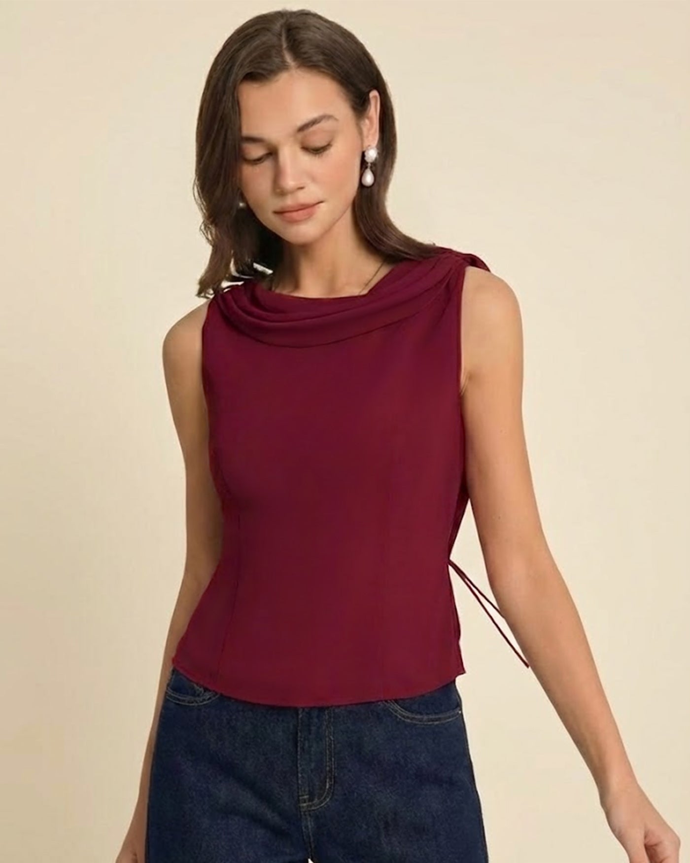 Wine Red Boat Neck Sleeveless Top