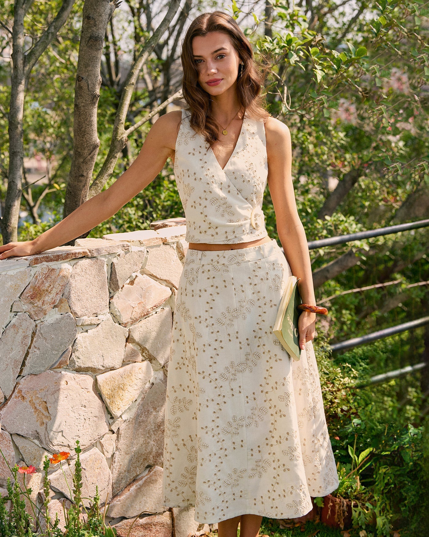 Embroidered Beige V-Neck Tank Top