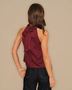 Wine Red Satin Tank Top with Turtle Bowknot