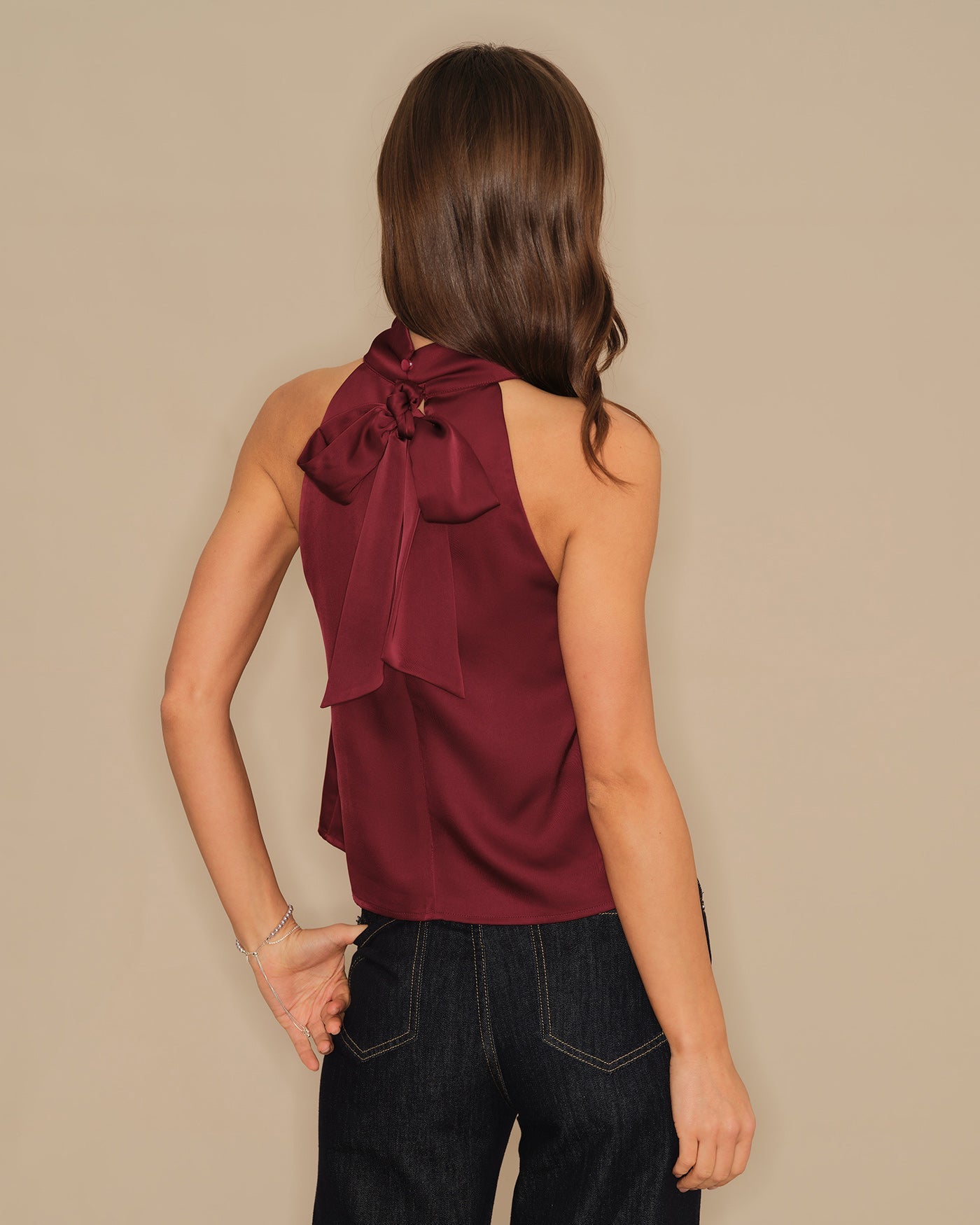 Wine Red Satin Tank Top with Turtle Bowknot