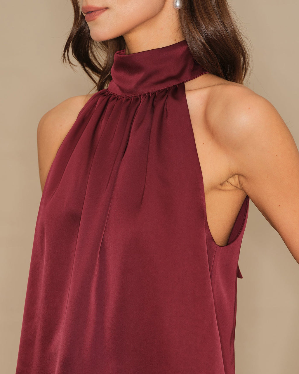 Wine Red Satin Tank Top with Turtle Bowknot
