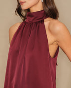 Wine Red Satin Tank Top with Turtle Bowknot