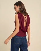 Wine Red Boat Neck Sleeveless Top