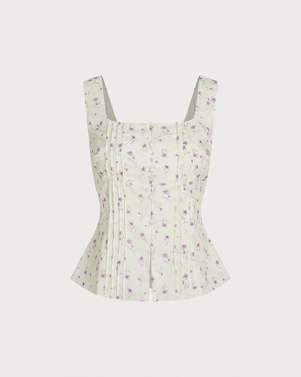 Floral Print Square Neck Beige Tank Top