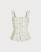 Floral Print Square Neck Beige Tank Top
