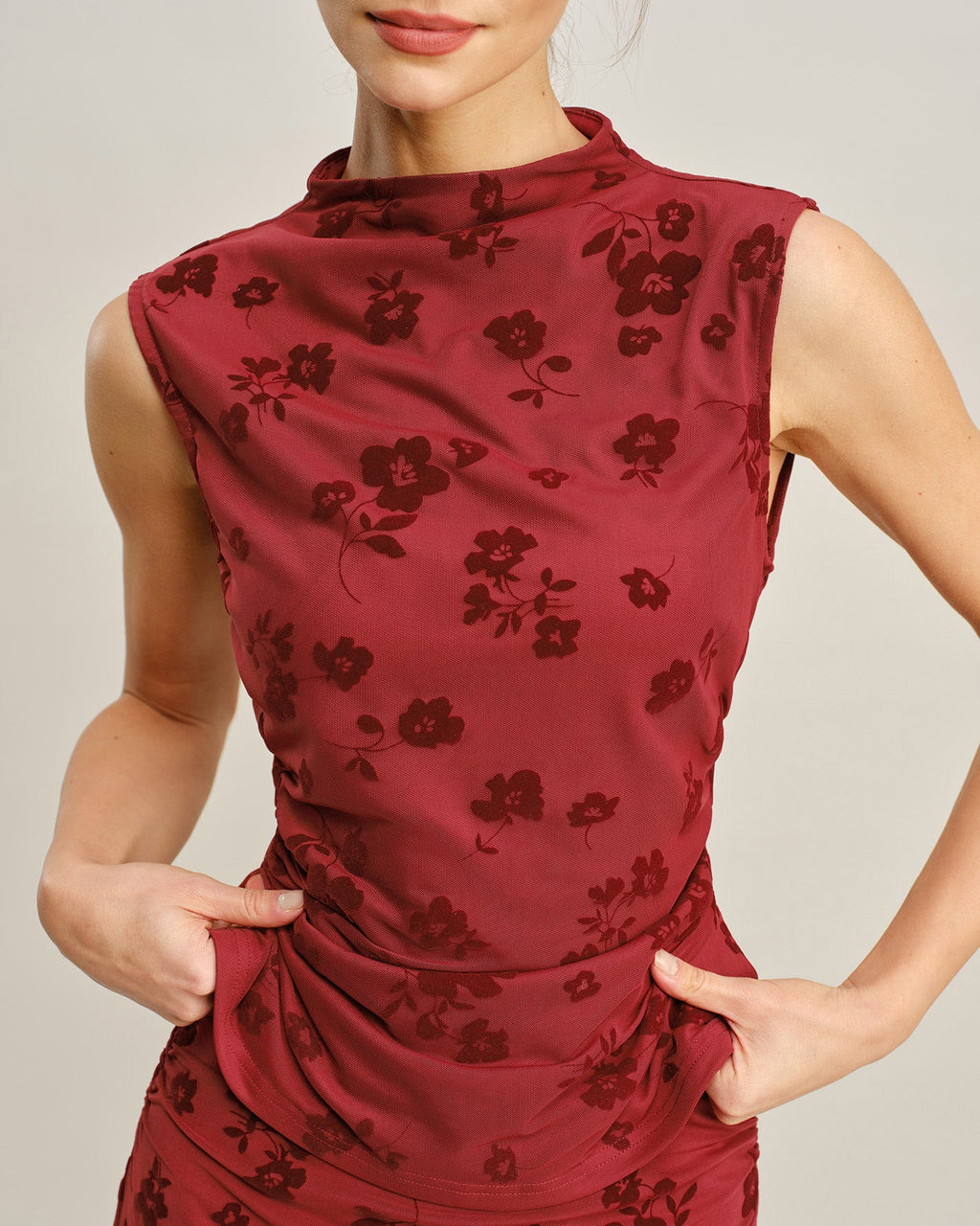 Floral Print Red Mock Neck Tank Top
