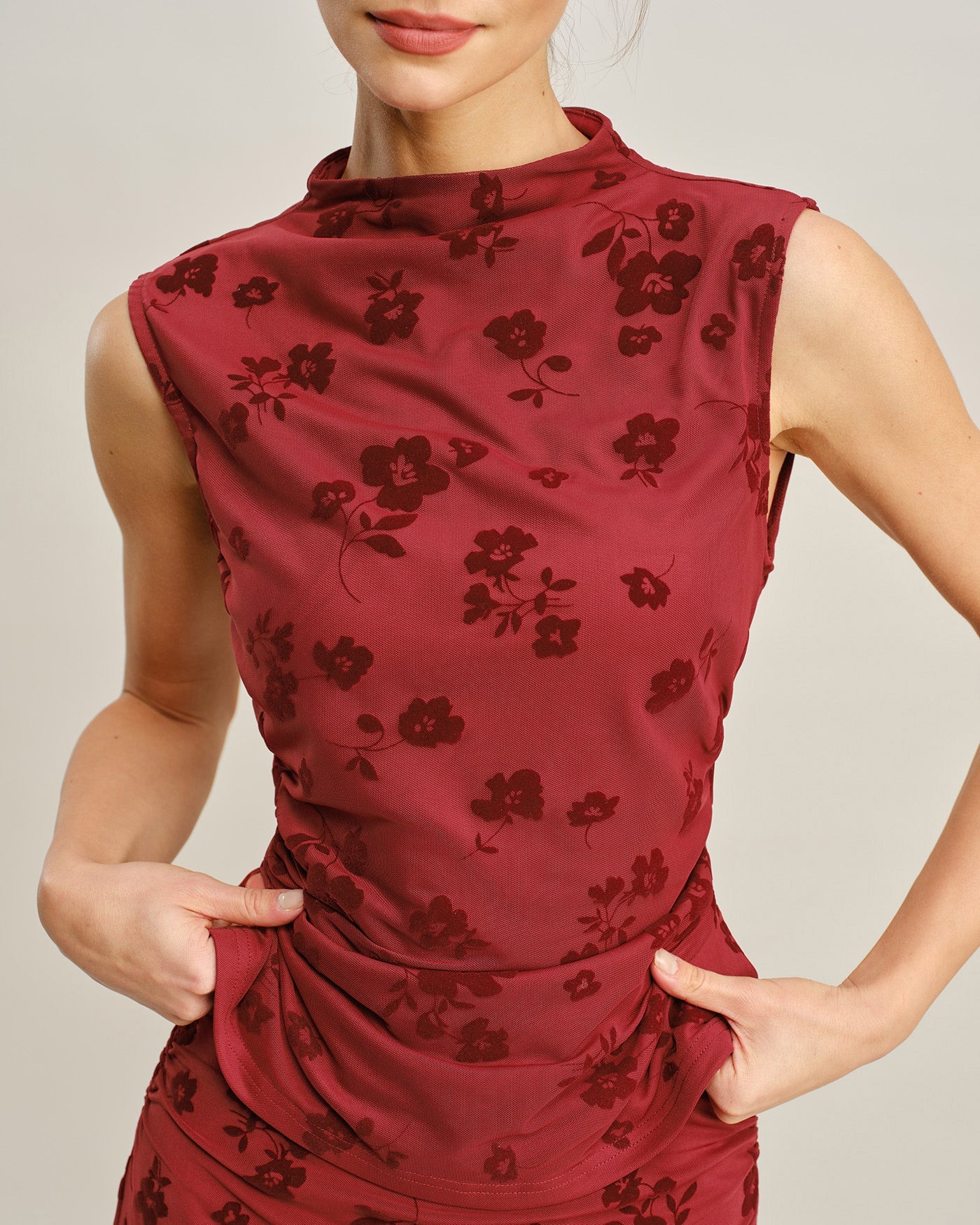 Floral Print Red Mock Neck Tank Top