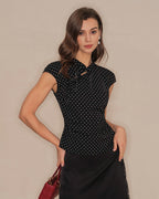 Mandarin Collar Tee with Black Polka Dots