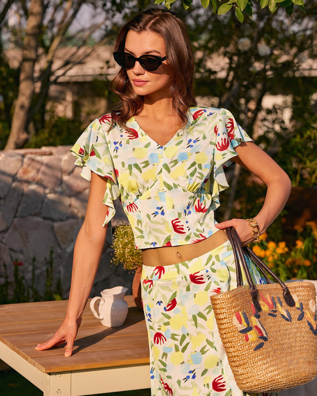 Ruffled Floral V-Neck T-Shirt
