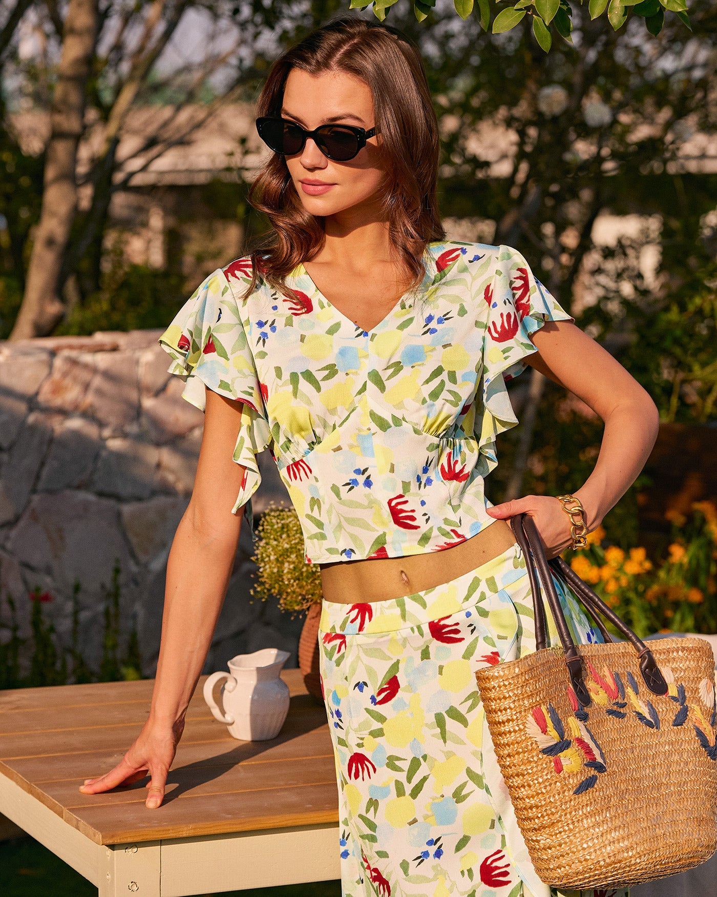 Ruffled Floral V-Neck T-Shirt
