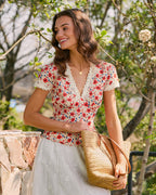 Floral Lace V-Neck Tee in Red